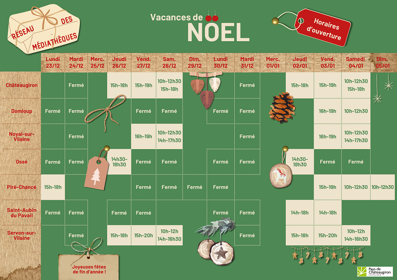 Horaires et fermetures Noël 2024