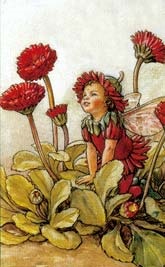 Un petit lutin vétu de rouge dans des fleurs